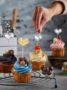 10入組愛心印花蛋糕裝飾小旗幟,鏡面表面,適用於蛋糕、甜點、情人節、生日和婚禮派對裝飾 - 金色+銀色 - 查看 1