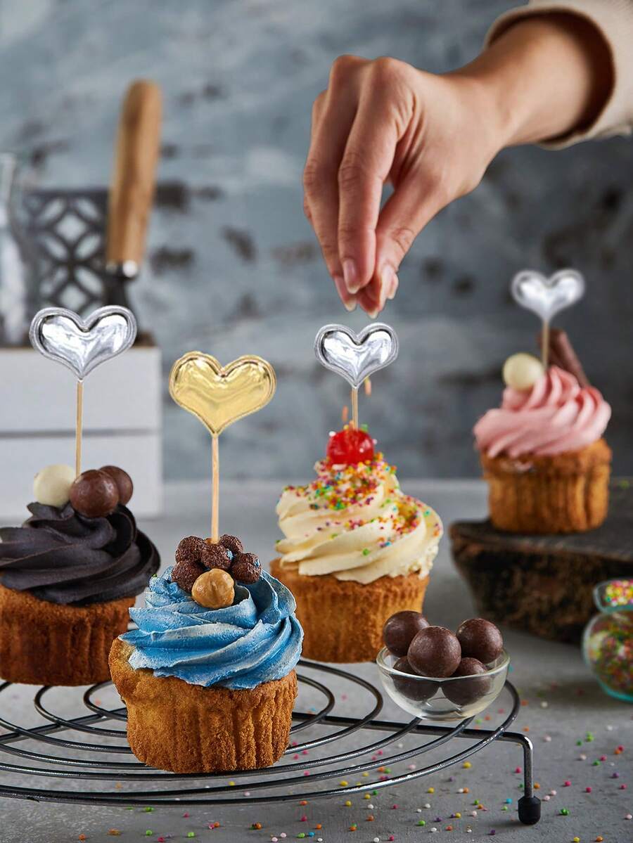 10入組愛心印花蛋糕裝飾小旗幟,鏡面表面,適用於蛋糕、甜點、情人節、生日和婚禮派對裝飾 - 金色+銀色 - 查看 1