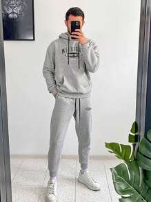 Nam Lá thư In áo có mũ Dây rút Áo nỉ Và Quần thể thao Bộ Đối với Giải trí Thể thao - Xám - Xem 1