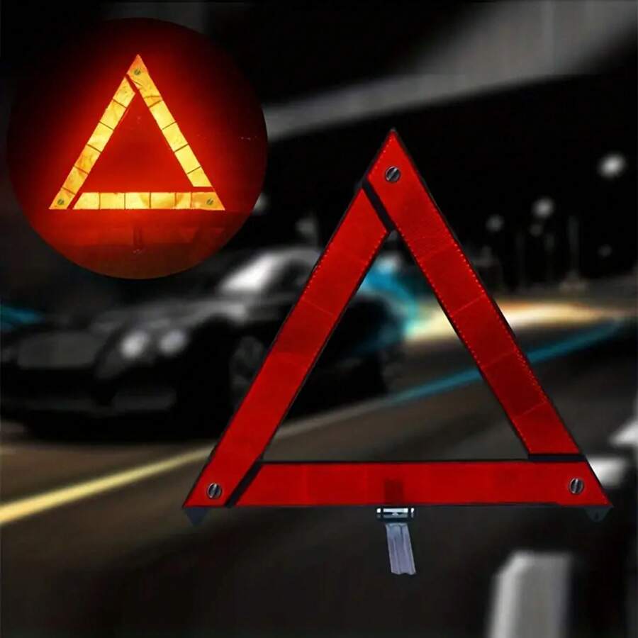 1个红色反光警示三角牌，带收纳盒，小巧便携，适用于紧急情况下的道路安全 | 汽车安全必备品、路边应急包、车辆应急用品、汽车后备箱收纳盒、反光安全装备、旅行安全配件、汽车必备品、汽车安全工具