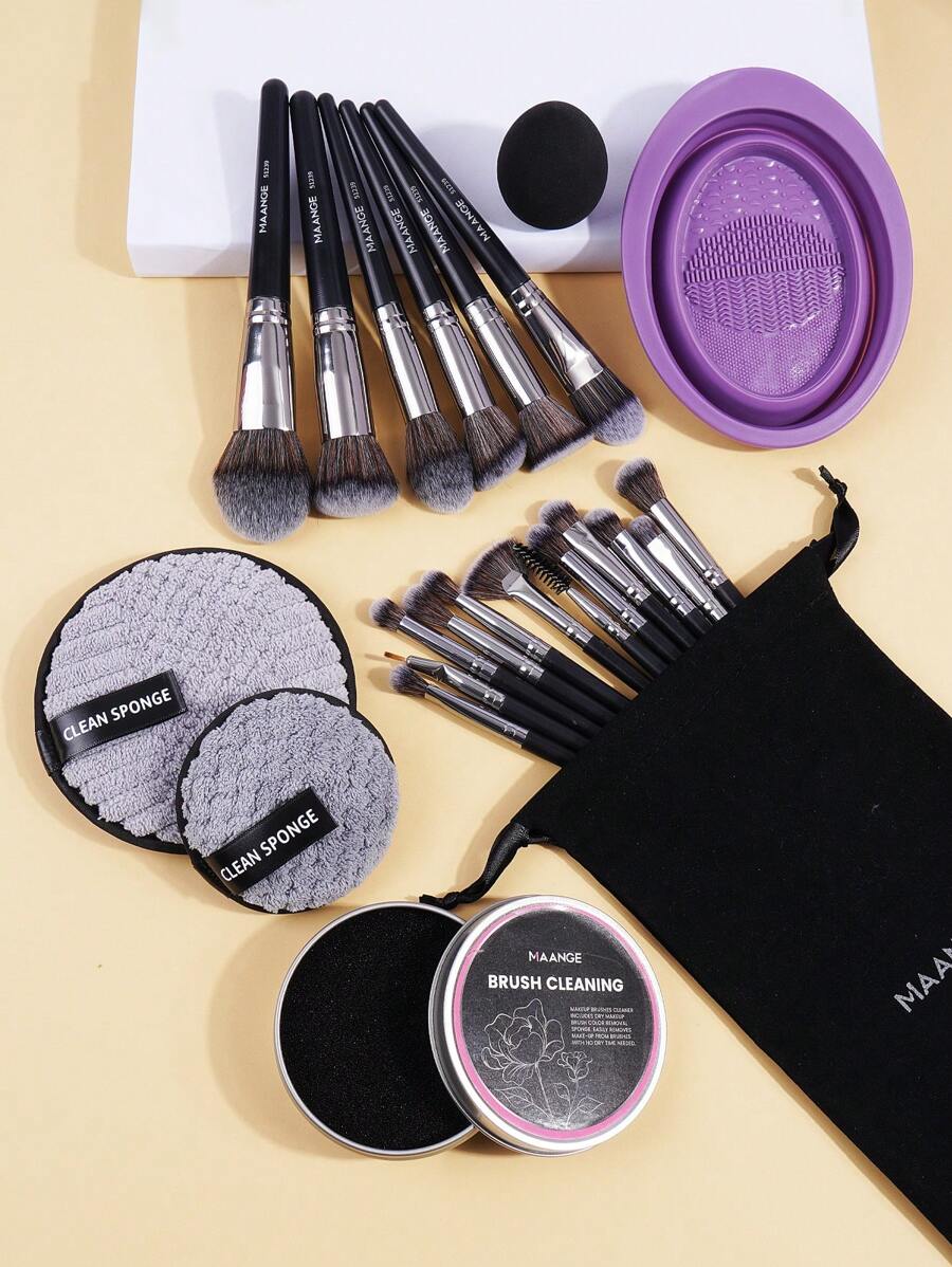 MAANGE 18pcs Makeup Brushes Set With Velvet Bag&1pc Big Makeup Remover Puff&1pc Small Makeup Remover Puff&1pc Big Drop Makeup Sponge&Cleaning Box&Cleaning Mat,Makeup Tools Combo Set,Set For Travel Easy Carrying,Brush Set,Makeup Brush Kit,Make Up Brush Set,Make Up Set Complete,Makeup Brush Set,Complete Makeup Kit,Brush Kit,Brushes Makeup Set,Makeup Gift Set,Set - Black - View 1