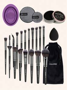 MAANGE 18pcs Makeup Brushes Set With Velvet Bag&1pc Big Makeup Remover Puff&1pc Small Makeup Remover Puff&1pc Big Drop Makeup Sponge&Cleaning Box&Cleaning Mat,Makeup Tools Combo Set,Set For Travel Easy Carrying,Brush Set,Makeup Brush Kit,Make Up Brush Set,Make Up Set Complete,Makeup Brush Set,Complete Makeup Kit,Brush Kit,Brushes Makeup Set,Makeup Gift Set,Set - Black - View 2