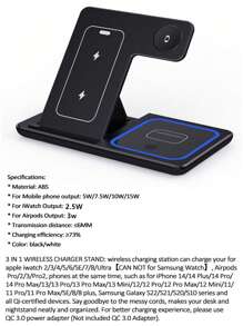 3 In 1 Foldable LED Fast Wireless Charger Stand Compatible With IPhone 14 13 12 11 Apple Watch Airpods Pro 8 7 Charging Station - White - View 10