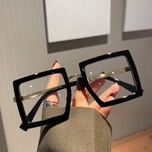 1 件女士方形无度数眼镜复古时尚装饰眼镜大号超大透明旅行眼镜 - 黑色 - 查看 1