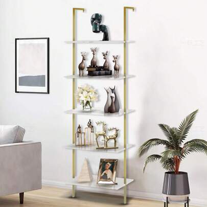 Ladder Shelf White Marble Open Bookshelf 5-Tier Wall-Mounted Wood Rack Industrial Modern Plant Flower Stand Utility Organizer Bookcase Metal Frame Furniture Office Kitchen Bedroom