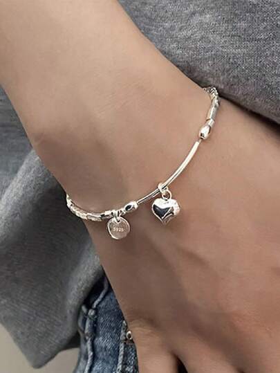BALMORA 1 pieza Brazalete minimalista básico de plata de ley 925 con forma geométrica cuadrada y con corazón con cadena para mujer, uso diario, regalo del Día de los Enamorados