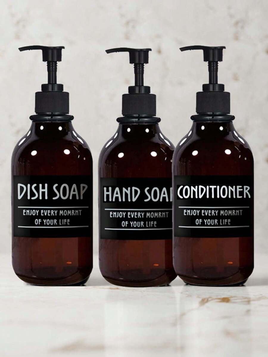 WCIC 3入組16盎司光澤啡色肥皂泵瓶套裝,帶6張防水標籤,適用於碗清潔劑、護髮素、手部肥皂、洗髮水、潤膚乳、沐浴露等等,可裝化妝品分裝妝品,化妝品經典套裝,方便補充乳液。 - 棕色 - 查看 1
