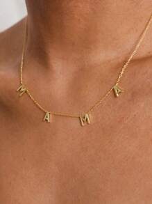 1 件精致简约 MAMA 字母吊坠项链、手链和脚链女士不锈钢锁骨链项链时尚珠宝母亲节礼物 - 金黃色 - 查看 2