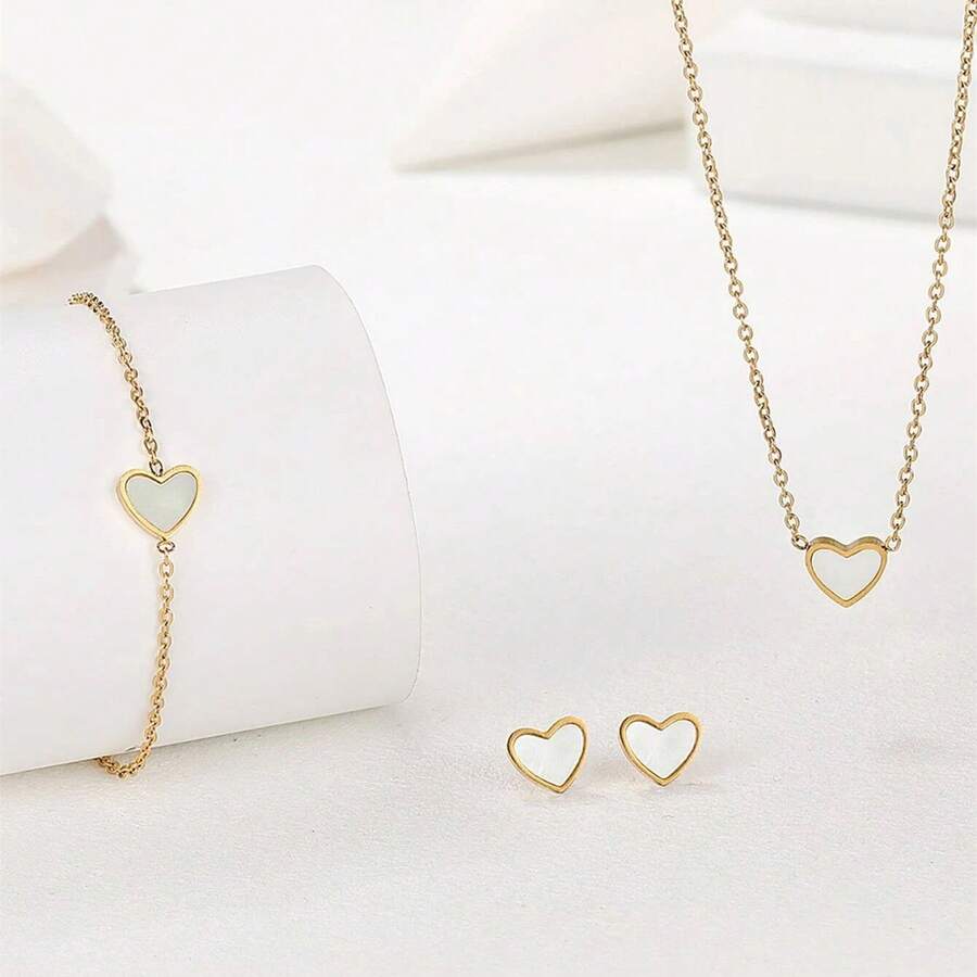 3入組/套心形法式貝殼設計精美女士珠寶套裝,包括項鍊、手鍊和耳環 - 金色 - 查看 1