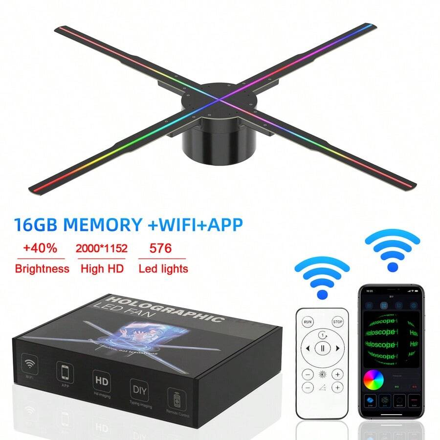 Wi-fi 3d全息投影機,具可懸浮成像顯示和led燈標,全息光線和3d風扇壁掛廣告機 - 歐盟插頭 - 查看 1