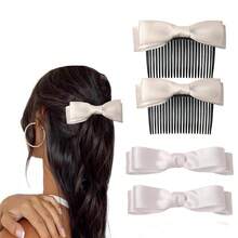 4 件裝蝴蝶結髮夾女孩緞帶爪夾緞面蝴蝶結髮夾可愛髮夾青少年兒童髮側梳蝴蝶結髮夾 - 白色 - 查看 4