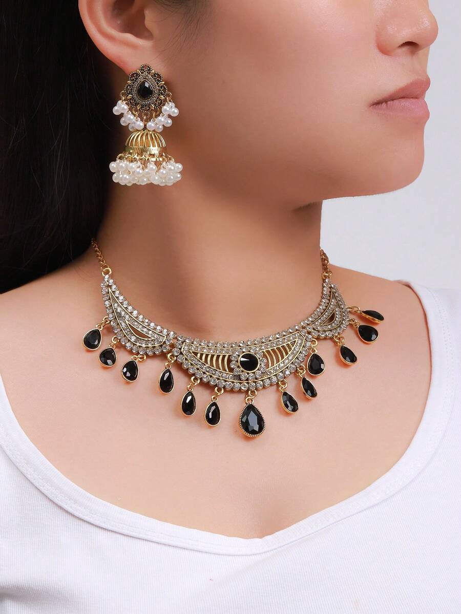 3入組夸張的復古波西米亞宮廷風格,全鑲鑽珍珠串流蕩耳環項鍊套裝 - 黑色 - 查看 1