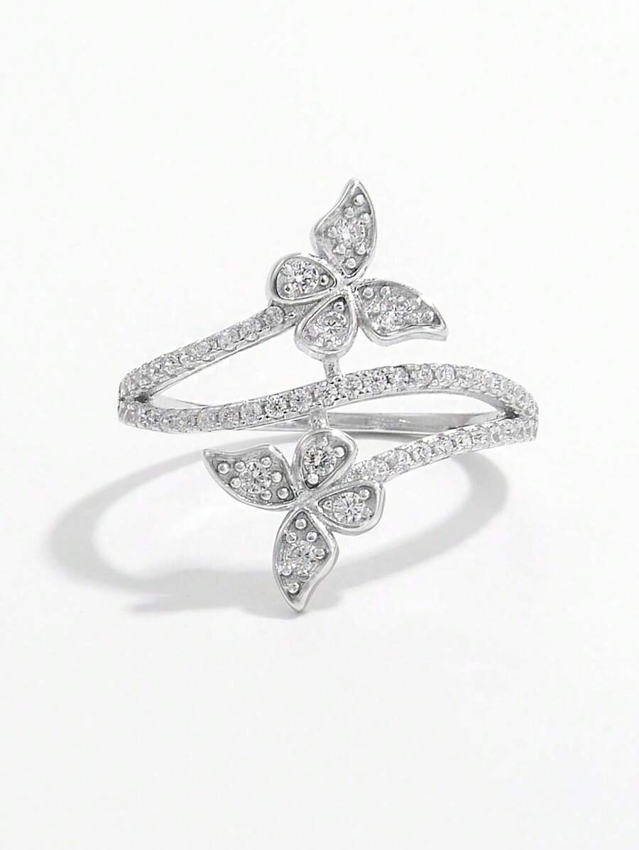 925 Sterling Silver Cubic Zirconia Paved 1pc Lovely, Gorgeous, Natural, Elegant & Fashionable Double Butterflies Design Ring For Women Perfect Decoration For Daily Life, Birthdays, Parties, Travels & Dates - Silver - View 1