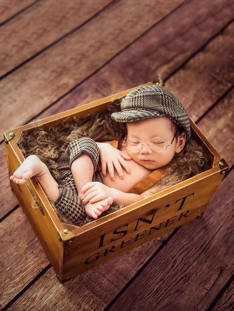 2pcs/Set Newborn Photography Outfit For Baby Boys, Including Checkered Overalls, Cap And Bowtie Baby Shower Easter Gift Things For Girls/Boys - Khaki - View 1