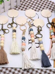 北歐風格圓形木質圓盤及珠串流蘇鑰匙扣飾品,配搭矽膠珠製成diy手工製袋吊飾 - 白色 - 查看 1