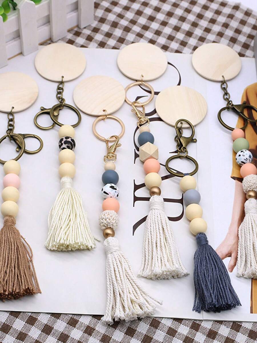 北歐風格圓形木質圓盤及珠串流蘇鑰匙扣飾品,配搭矽膠珠製成diy手工製袋吊飾 - 白色 - 查看 1