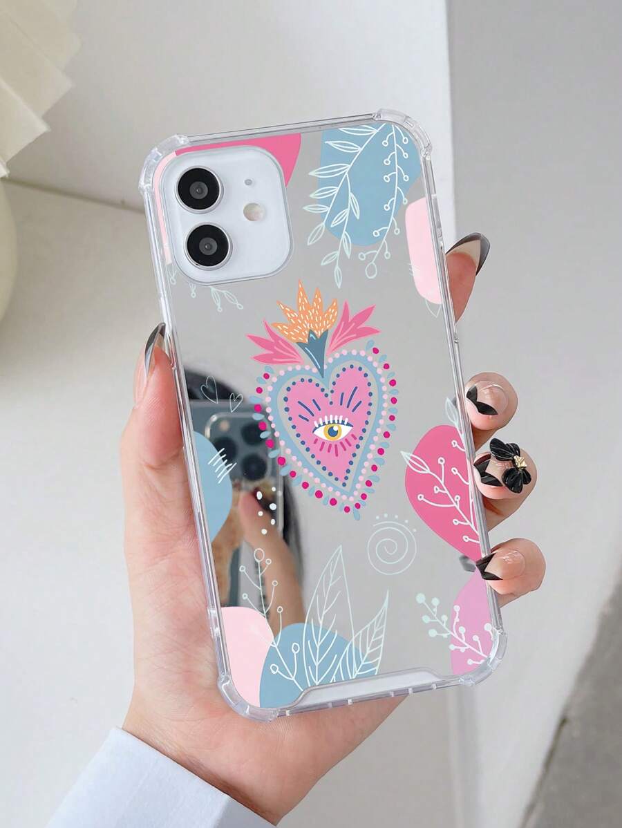 Valentines 2000s Fashion 1pc Simple Eye & Heart & Grass Pattern Acrylic Electroplated Mirror Phone Case Compatible With IPhone - Multicolor - View 1