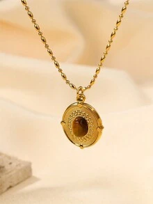 1pc Maillard Style Stainless Steel Tiger's Eye, Shell, Rose, Star Inlaid Pendant Clavicle Chain, Sweater Chain, Necklace For Women's Daily Wear - Gold - View 5