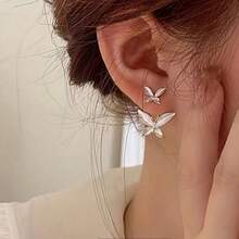 1pair Double Exquisite Butterfly Design With White Synthetic Gems Decor Stud Earrings Elegant  Jewelry Female Gift - One Size - View 2