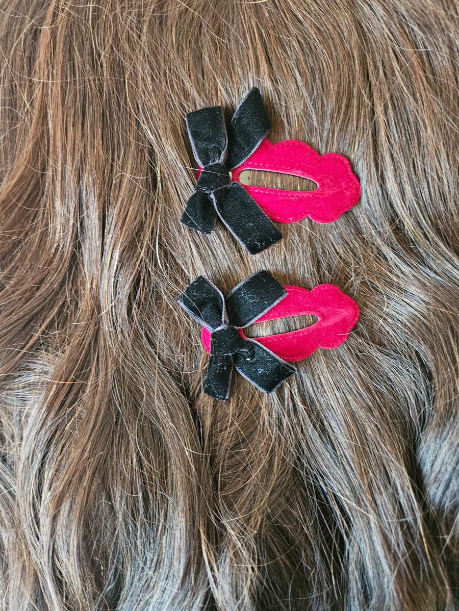 Pack Of 2 New Women'S Hair Clips Red Flocked Personalized Bow Edge Clips - Multicolor - View 1