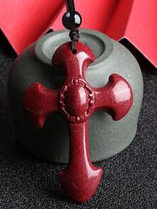 Red Cinnabar Cross Pendant Safety Amulet Necklace - Red - View 2