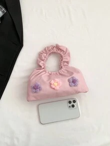 1pc Girls' Floral Pu Cloud-Shaped Pleated Cute Handbag, Suitable For Vacation, Daily Use - Pink - View 3