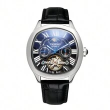 Caseno Waterproof Automatic Mechanical Watch With Roman Numerals, Moon Phase, Barrel Shape And Tourbillon - Silver - View 2