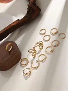 13pcs Fashionable Personalized Alloy Ring Set, Suitable For Women's Party Outfit, Gift For Her - Yellow Gold - View 3