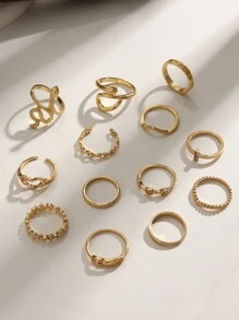 13pcs Fashionable Personalized Alloy Ring Set, Suitable For Women's Party Outfit, Gift For Her - Yellow Gold - View 1
