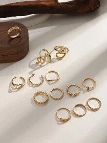 13pcs Fashionable Personalized Alloy Ring Set, Suitable For Women's Party Outfit, Gift For Her - Yellow Gold - View 2