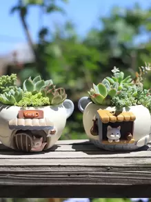 1 件创意卡通可爱宠物形状树脂花盆，迷你景观园艺花盆，适用于办公室和阳台装饰 - 白色 - 查看 3