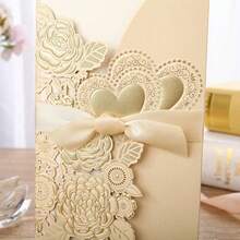 Wedding Invitation Card, Vertical Style With Ribbon, Creative Design With Hot Stamping And Hollow Out, Ins Style, 1set - Gold - View 5