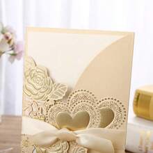 Wedding Invitation Card, Vertical Style With Ribbon, Creative Design With Hot Stamping And Hollow Out, Ins Style, 1set - Gold - View 4