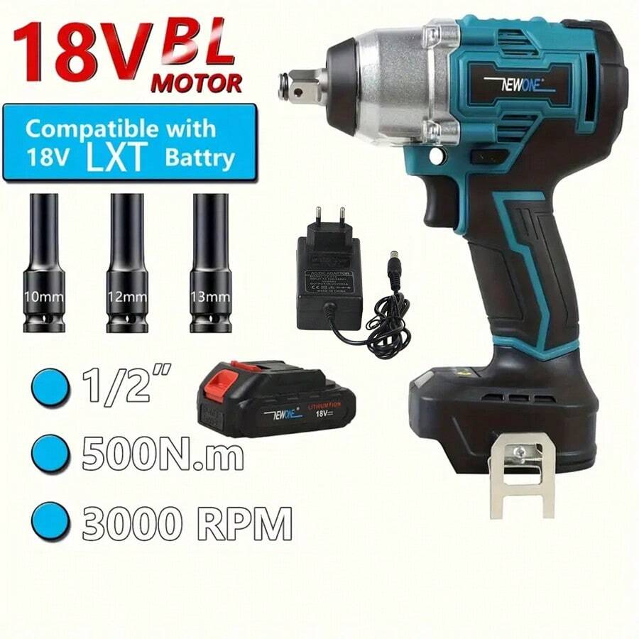 Newone 18v 1/2吋無刷無線沖擊起子,最大扭矩500n.m,2000 Mah電池,3個驅動沖擊轉子,快速eu充電器 - 藍色 - 查看 1