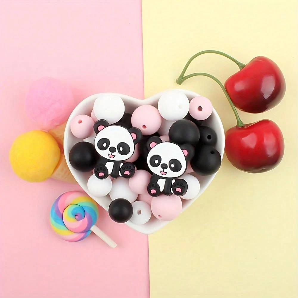 47pcs Panda Focal Beads 12/15mm Round Light Colored Silicone Rubber