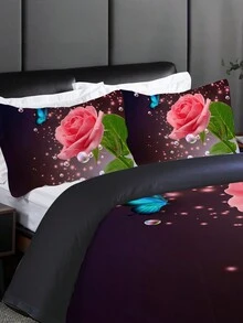 3入組床單套裝，浪漫蝴蝶玫瑰印花床上用品被套，柔軟舒適的被套，適用於臥室、客房（1*被套+2*枕套，不含內芯） - 彩色 - 查看 6