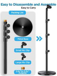 Round Base Microphone Stand, Bietrun Heavy Duty Adjustable Metal Mic Floor Stand For Singing/Stage With 2 Universal Mic Clip, 3/8'' To 5/8''Adapter, For Shu Re SM7B/SM58/Sam Son Q2U/Podmic&More - Black - View 6