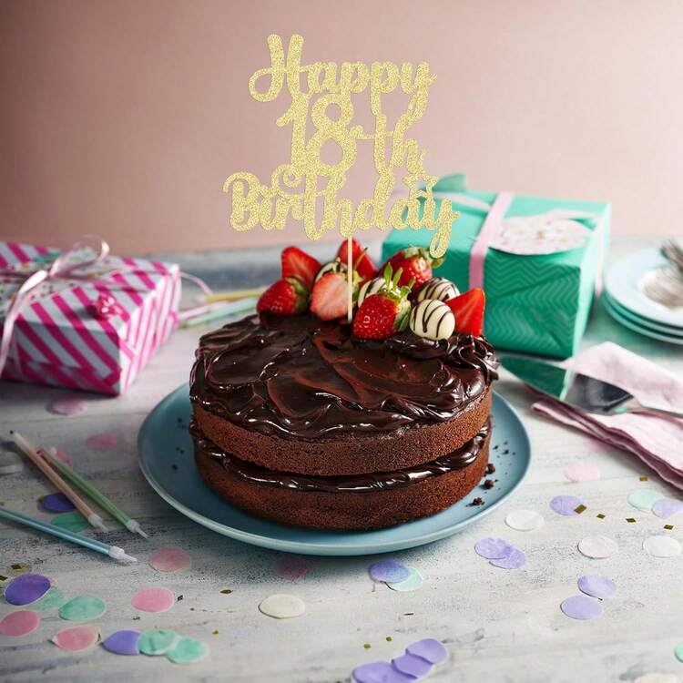 1pc Paper Gold-Color "18" Birthday Cake Topper, Ideal For 18th Birthday Party Decorations, Carnival, Cheers, Flashy Gold - Gold - View 1