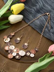 一套两件波西米亚风锌合金几何圆形卡其色珐琅套装，适合女性日常个性化穿着 - 幾何 - 查看 1