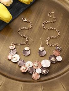 一套两件波西米亚风锌合金几何圆形卡其色珐琅套装，适合女性日常个性化穿着 - 幾何 - 查看 9