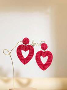 Handmade Dark Magenta Seed Bead Heart Shape Hollow Out Design Bridesmaid Earrings, Valentine's Day Gift, Holiday Party, Mother's Day Gift - Dark Rose Red Hollow Heart - View 1