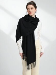 1入組女士經典純色圍巾,230g,適用於所有季節,適合宴會,暖和的披肩或日常使用的頭巾 - 黑色 - 查看 1