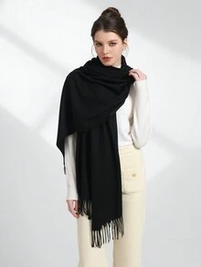 1入組女士經典純色圍巾,230g,適用於所有季節,適合宴會,暖和的披肩或日常使用的頭巾 - 黑色 - 查看 3