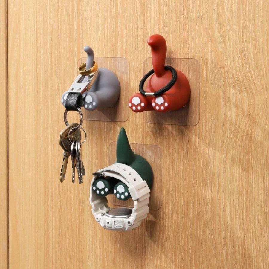 1pc Cute Cartoon Adhesive Keychain Organizer Hook, Wall-Mounted Multifunctional Creative Hook Without Drilling - Brown - View 1