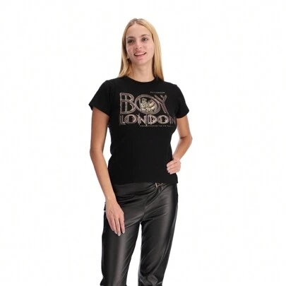 BOY LONDON Playera Negra para Mujer Letras Rose Gold Foil Oro