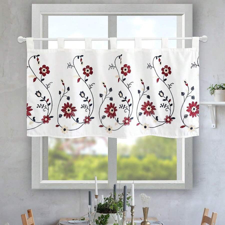 Floral Embroidered Cafe Curtains For Dining Room, Romantic Style Red Flower Curtain For Bedding Room Living Room(74W X 90Drop) - White - View 1