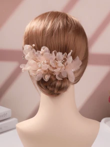 1pc Women'S Fairy Style Handmade Ribbon Flower Hair Accessory, Wedding Bridal Headpiece With Beads, Rhinestones And Pearls - Orange - View 2