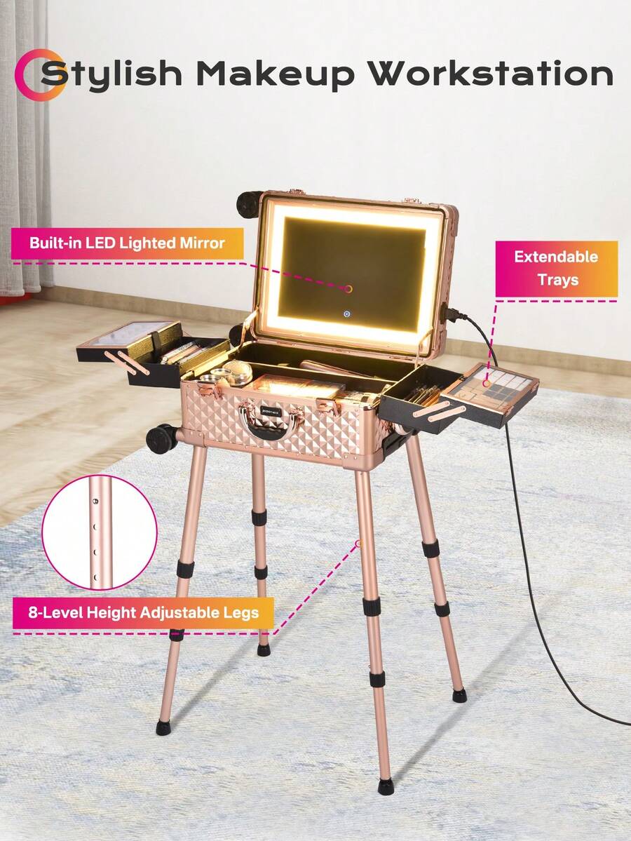 BYOOTIQUE Rolling Makeup Case Mirror Light 26inch Extra Large Cosmetic