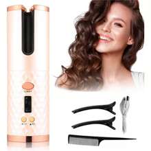 Plancha rizadora de pelo portátil totalmente automática, rizador de cabello recargable, calentamiento rápido, inalámbrico, temperatura ajustable, rizos duraderos para uso en casa y viaje - Rosa - Ver 1