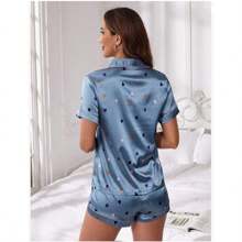 Set de pijama cómodo de mujer  De Seda Cómodo de manga corta y pantalón - Azul - Ver 3